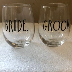 Rae Dunn bride and groom stemless wine glasses